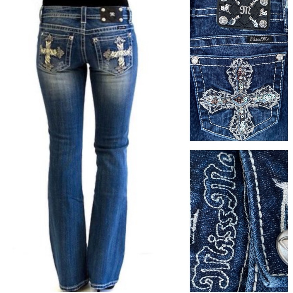 Miss Me Y2K JE8293BR Embroidered Sequin Cross Back Pocket Signature Boot Jean 29